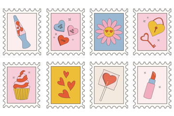 Collection of valentines day stamps in retro groovy style