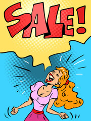 discounts sale a woman screams rage anger strong human emotions. Loud voice