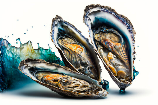 Oysters On White.  Image created with Generative AI technology.
