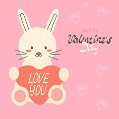 Valentine's Day Greeting Card  Cute Rabbit holds  heart and text 