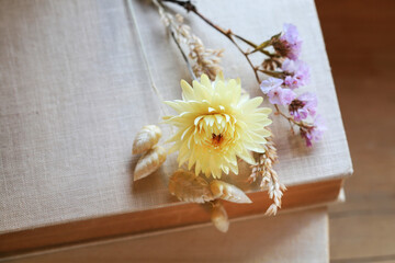 Dry flowers on the old books.