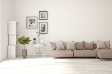 White living room with sofa. Scandinavian interior design. 3D illustration