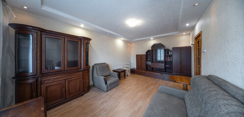 Modern interior of living room in apartment. Wooden furniture. Grey sofas.