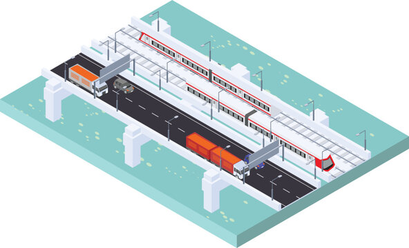isometric scene of modern electric high speed train with Bridge over the ocean river