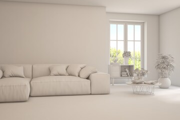 Fototapeta premium Mock up of minimalist living room in white color with sofa. Scandinavian interior design. 3D illustration