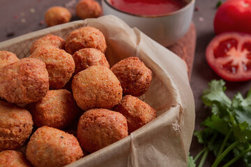 Chicken popcorn, deep fried, nuggets, close-up, rustic, no people,