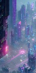 Isometric cyberpunk city at night