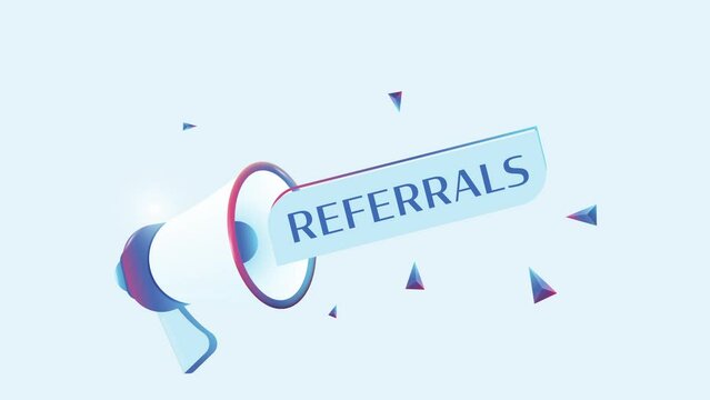 Referrals text with 3d realistic megaphone animation. Megaphone sign banner for promo video. 4K animation