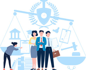 Law and justice scene. Lawyer learning, legal corporate support and personal help. Advisor character, advocat company recent vector concept