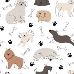 Doodle cartoon dog seamless pattern. Trendy dogs fabric print. Cute funny puppies textile background. Kids puppy with bones, racy vector texture
