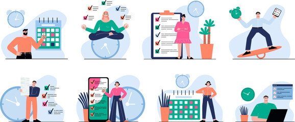 Process schedule planning and making-of work, agenda company scenes. Team plan and tasks, monthly and weekly management, sapid vector business characters