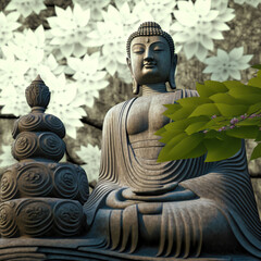 Fototapeta premium Buddha sculpture meditating in lotus position in floral garden, created with Generative AI technology