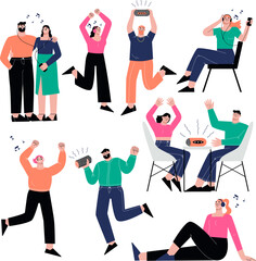 People listen sound, radio webinar and podcast in headphones. Listening audio music in smartphone and dancing. Flat sapid vector positive characters