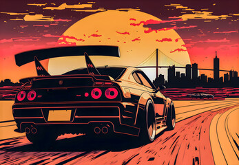 Cars and City Background. Hand drawn Future style illustartion, synthwave and retro style