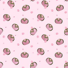 Sakuramochi cute seamless pattern. Japanese rice cake wrapped in a pickled cherry blossom, sakura leaf. Vector illustration. Cartoon style.
