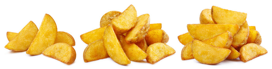 Collection of delicious potato wedges, isolated on white background
