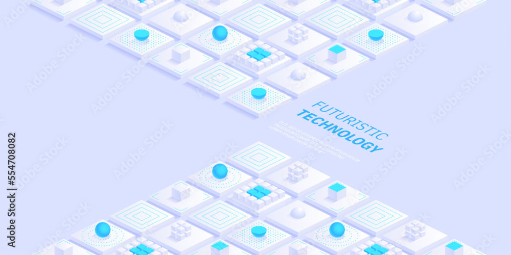 Poster Isometric futuristic information technology blockchain concept. Big data binary code, data flow. Transferring of big data. Interconnected blocks of data. Vector illustration abstract background