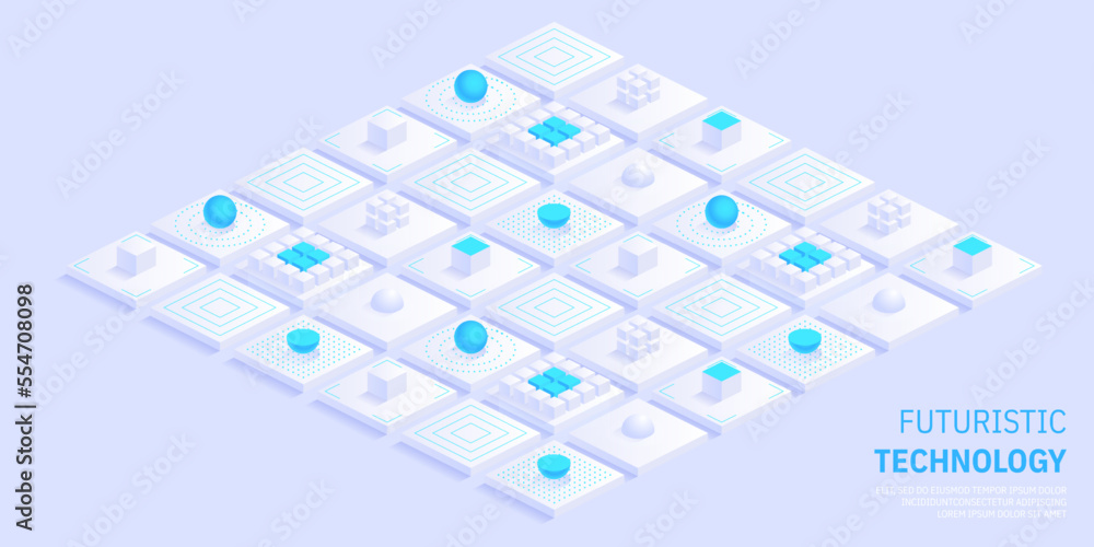 Poster Isometric futuristic information technology blockchain concept. Big data binary code, data flow. Transferring of big data. Interconnected blocks of data. Vector illustration abstract background