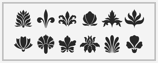 Text boarder divider for printing in typography. Floral elegant motif in silhouette. Art deco mirrored palmette.