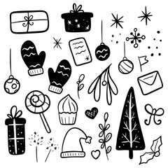 Hand drawn set of winter Christmas doodles. Vector simple new year illustrations.