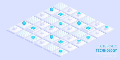 Isometric futuristic information technology blockchain concept. Big data binary code, data flow. Transferring of big data. Interconnected blocks of data. Vector illustration abstract background