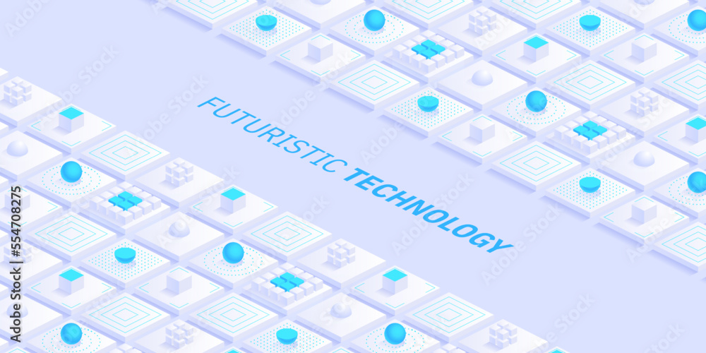 Poster Isometric futuristic information technology blockchain concept. Big data binary code, data flow. Transferring of big data. Interconnected blocks of data. Vector illustration abstract background