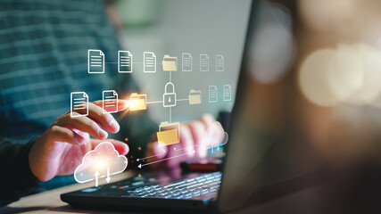 Cloud computing concept. Businessman using computer to backup storage data Internet technology....