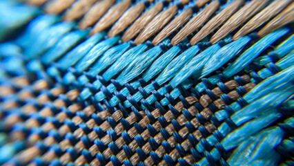 Photo close up jacquard fabric in blue brown colours