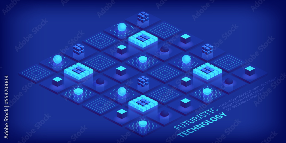 Poster Isometric futuristic information technology blockchain concept. Big data binary code, data flow. Transferring of big data. Interconnected blocks of data. Vector illustration abstract background