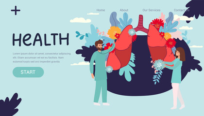 Pulmonology vector illustration.landing page Flat tiny lungs healthcare persons concept. respiratory system examination treatment. Internal organ inspection check for illness, disease or problems.