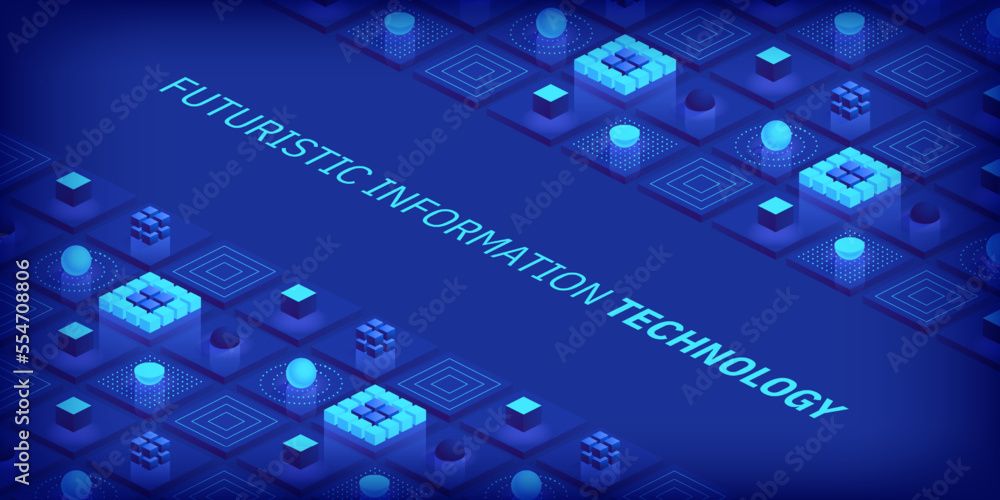 Poster Isometric futuristic information technology blockchain concept. Big data binary code, data flow. Transferring of big data. Interconnected blocks of data. Vector illustration abstract background