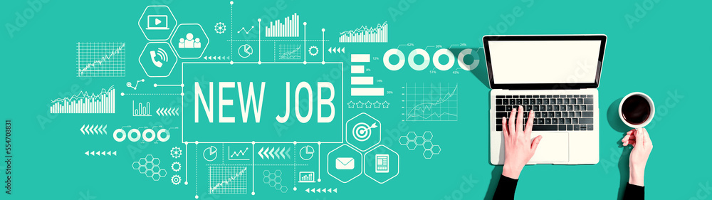 Poster new job theme with person using a laptop computer