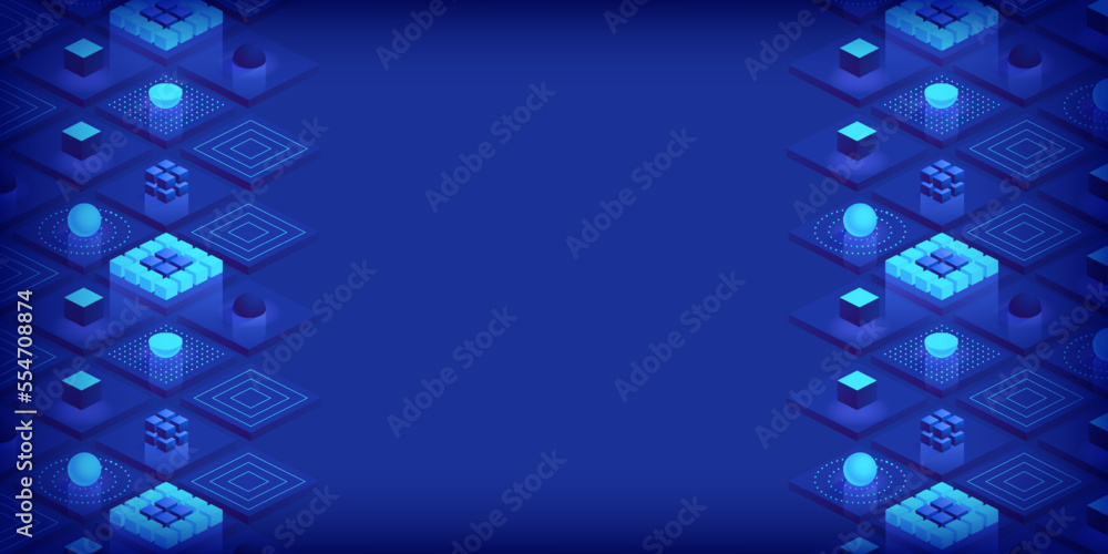 Poster Isometric futuristic information technology blockchain concept. Big data binary code, data flow. Transferring of big data. Interconnected blocks of data. Vector illustration abstract background
