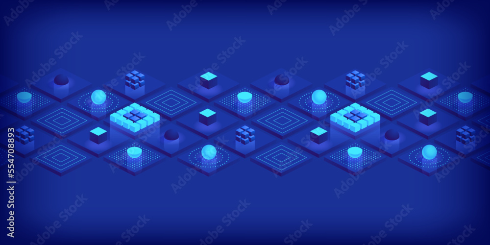 Poster Isometric futuristic information technology blockchain concept. Big data binary code, data flow. Transferring of big data. Interconnected blocks of data. Vector illustration abstract background