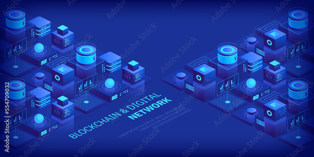 Poster abstract blockchain and digital cloud network technology background. artificial intelligence, deep l
