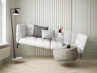 Zero gravity white interior living room 3 D Illustration - 554709086