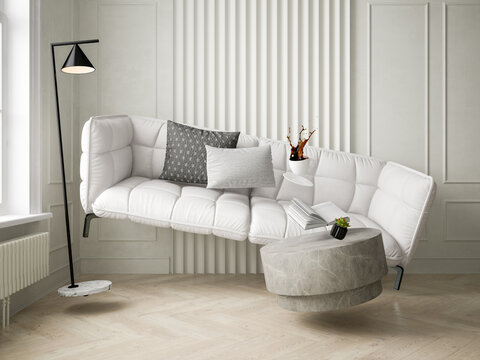 Zero gravity white interior living room 3 D Illustration