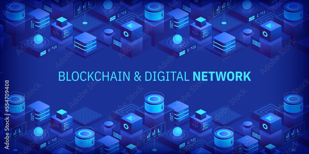 Poster abstract blockchain and digital cloud network technology background. artificial intelligence, deep l
