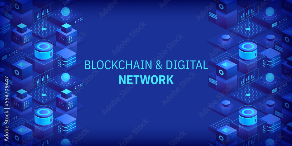Poster abstract blockchain and digital cloud network technology background. artificial intelligence, deep l