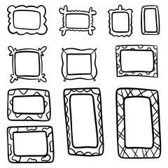 Set of hand drawn doodle frames, squares, vector borders design elements. Cartoon comic style