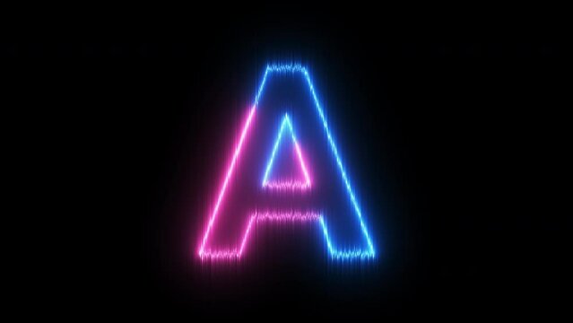 Neon energy light blue pink letter A alphabet. Seamless looping animation on black background
