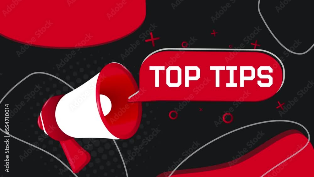 Poster Top tips banner. Megaphone with speech bubble in flat style. 4K video animation