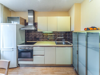 Modern simple interior of kitchen in apartment. Sink, oven and fridge. Real estate.