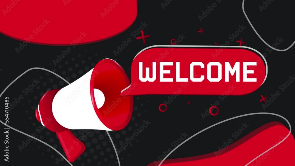 Poster Welcome banner. Megaphone with speech bubble in flat style. 4K video animation