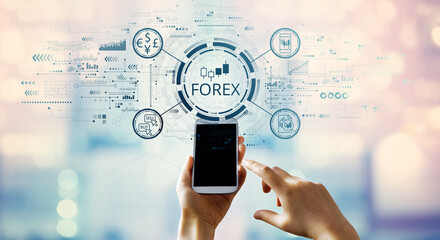 Fototapeta na wymiar Forex trading concept with hand pressing a smartphone screen