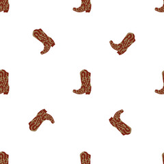 Cowboy boots with ornament seamless pattern. Wild west theme. Hand drawn colored trendy vector illustration on white background