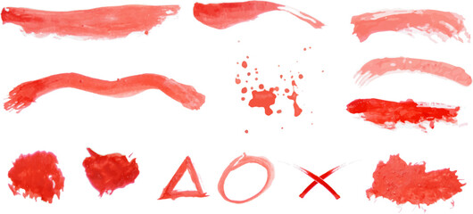 Set of watercolor red on white background. Textures for design. Hand painted splashes, divorces paint. Delicate vector textures for logo, decoration