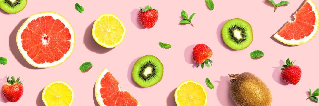 Collection of mixed fruits overhead view flat lay