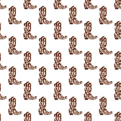 Cowboy boots with ornament seamless pattern. Wild west theme. Hand drawn colored trendy vector illustration on white background