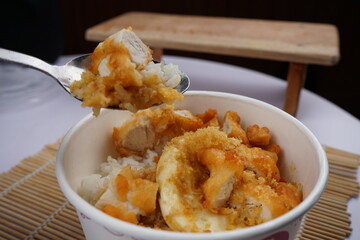 Asian food,  a bowl of rice with delicious meat crunchy and savory